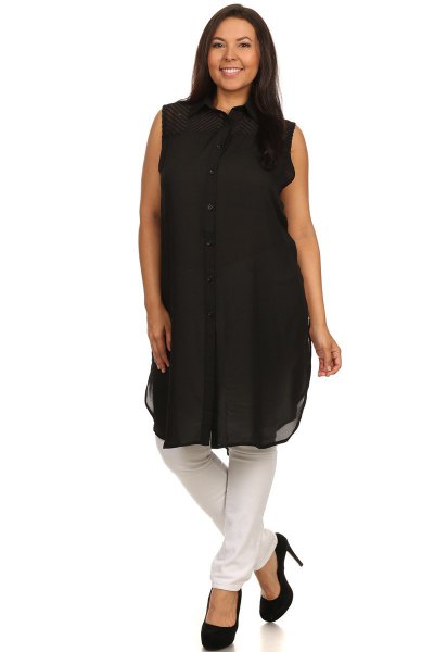 black button up sleeveless chiffon Tunic top with ballet heels
