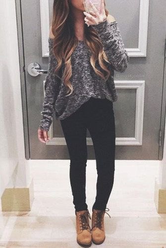 gray heather gray from the shoulder sweater with camel colored boots