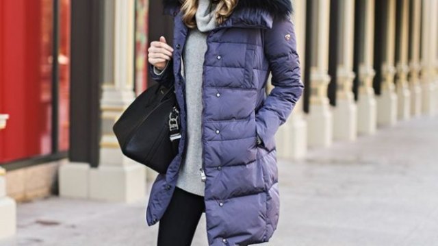 purple long line bubble jacket with gray sweater with cabbage neck