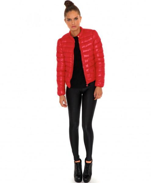 light red fitted bubble jacket with black super skinny jeans