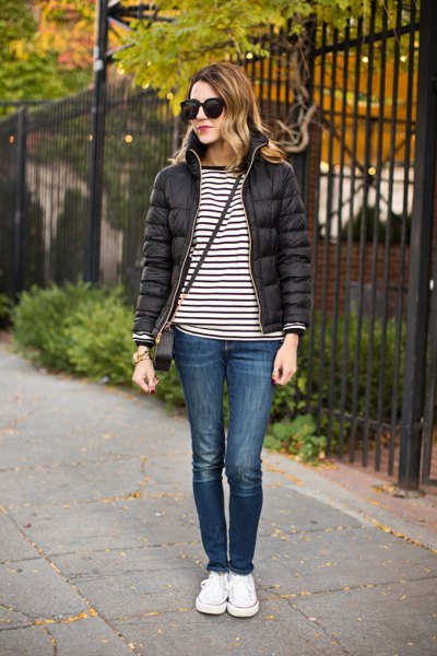 black and white striped tee with bubble jacket and sneakers