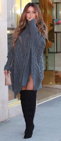 gray cable knit poncho sweater dress with sleeves