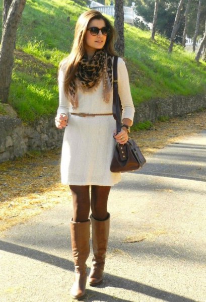 white belt dress with camel high leather boots