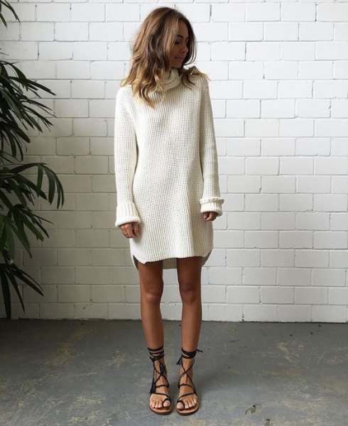 white sweater neck dress with gladiator sandals