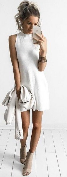 mock neck sleeveless flared sweater dress with open toe ankle boots