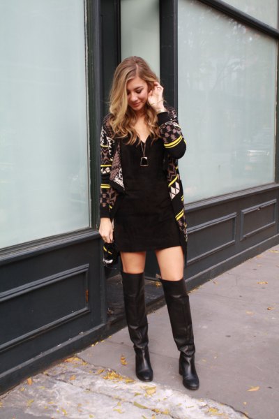 black and yellow printed cardigan with mini shift dress and long leather shoes