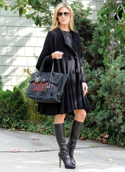 black extended knee length wool dress with leather heeled boots
