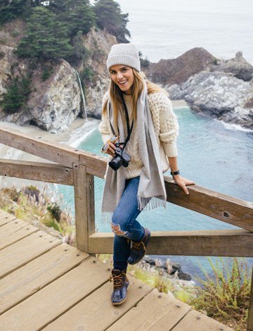 gray knitted hat with white crocheted sweater and ripped jeans