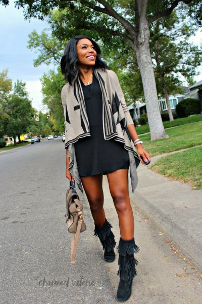 gray sweater cardigan with black mini shift dress and mid calf fringe fall boots