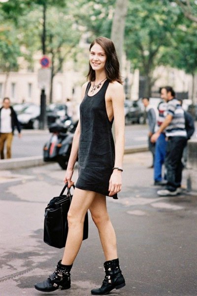 black scoop neck mini tank shift dress with leather boots in biker