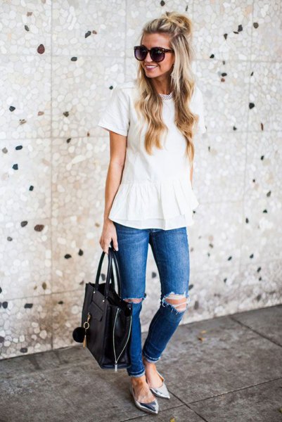 white peplum blouse with ripped jeans and metallic pointed flats