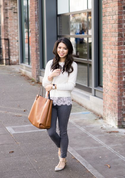 white fitted sweater with lace blouse and light pink, pointed flats