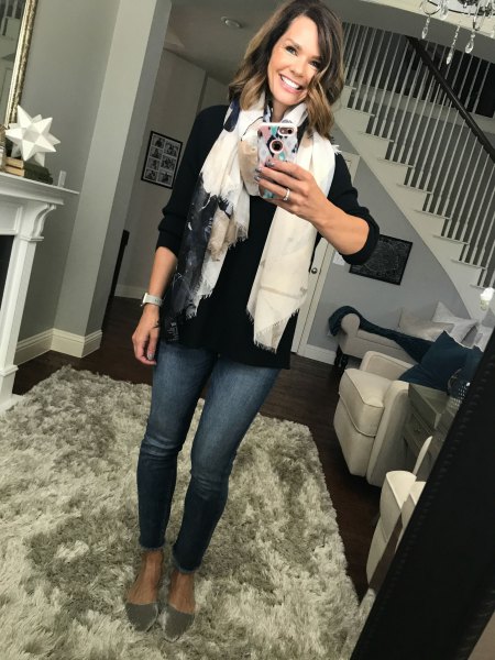 black button up shirt with white scarf and pink gold velvet flats