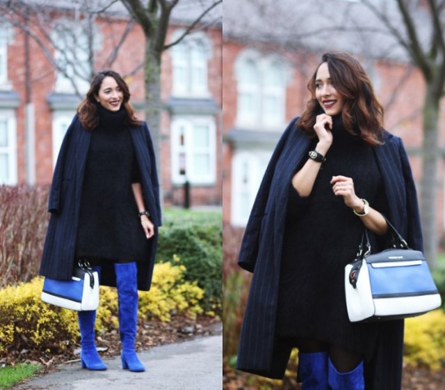 navy blue striped long-line blazer with royal blue suede high boots