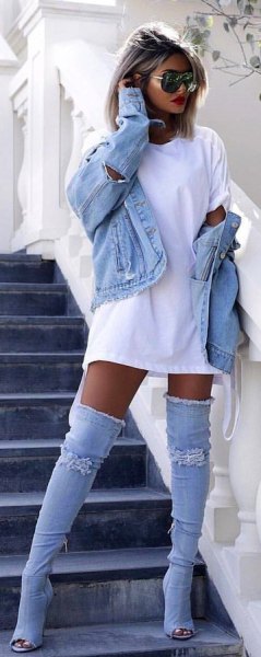 white t-shirt dress with denim jacket and matching boots