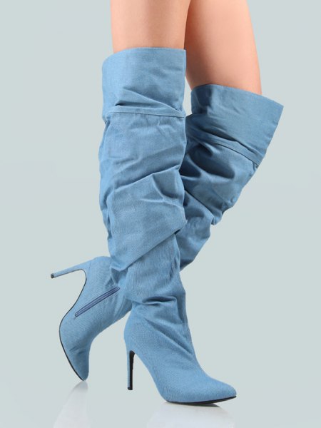 light blue heeled denim knee high boots with black mini shorts and white tee