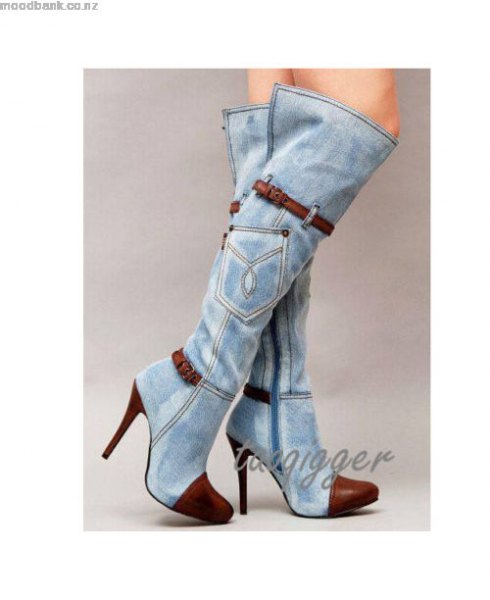 heeled washed denim knee high boots with mini dress
