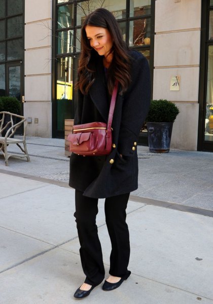 wool coat with straight jeans and black ballet flats