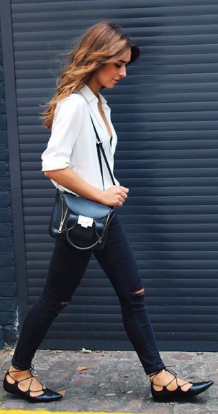 white button up shirt with ripped jeans and buttoned black ballet heels