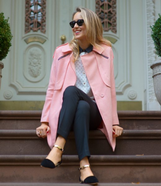 ivory blazer with polka dot blouse and black ballet ankle strap flats