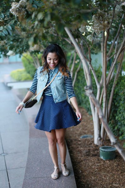 denim vest with navy blue and white striped tee and skater skirt