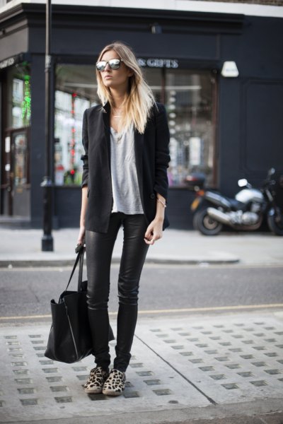 black wool blazer with waxed slim jeans