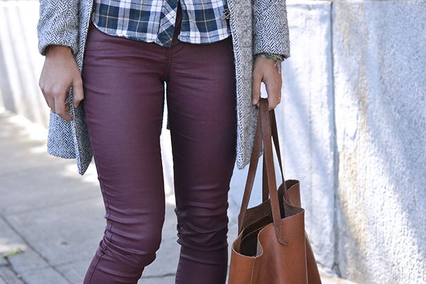 checkered shirt with long line tweed jacket and purple waxed skinny jeans