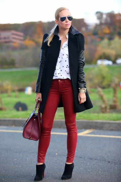 black leather long jacket with brown skinny ankle jeans