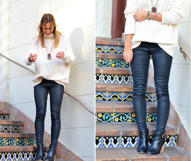 white chunky knitted sweater with deep purple waxed jeans