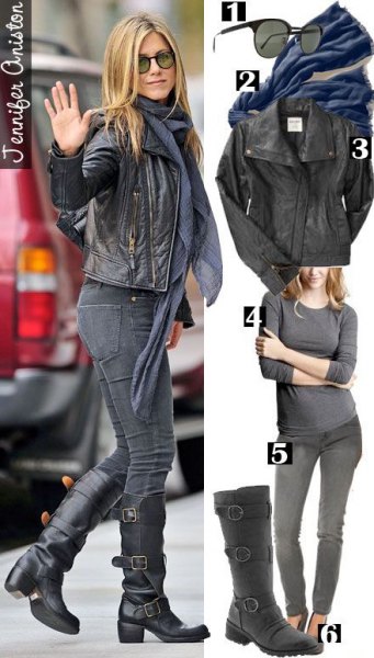 leather jacket with gray chiffon scarf and black knee high motorcycle boot jennifer aniston