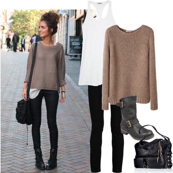 gray fitted knit sweater with black skinny jeans and foot boots