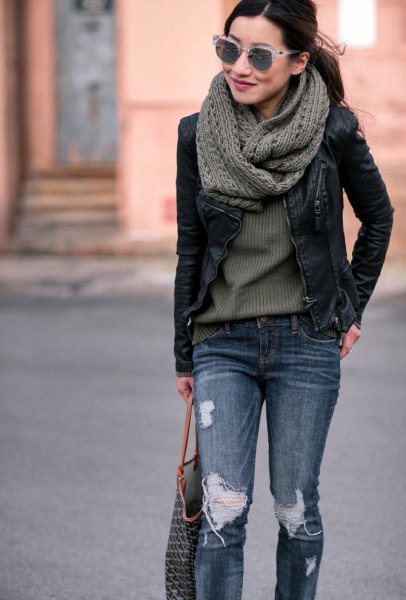 gray knitted scarf with black leather jacket