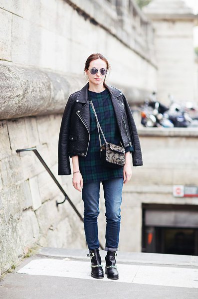 leather bicycle jacket with navy and green checkered tunic top