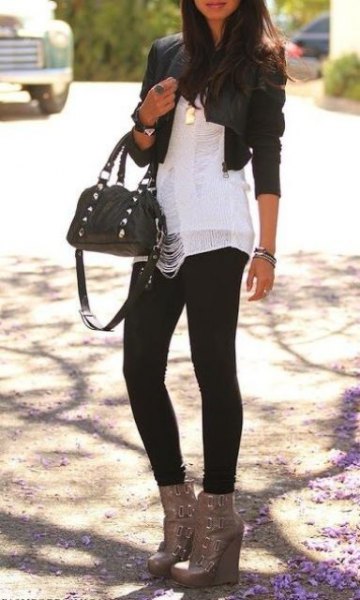 black mini leather jacket with white chiffon blouse and gray ankle boots