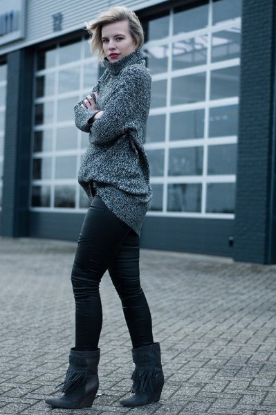 gray suede chunky knit sweater with black wedge boots in wide calfskin