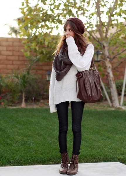 white sweater with gray scarf and black skinny jeans