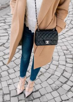 crepe long wool coat with black quilted small leather bag