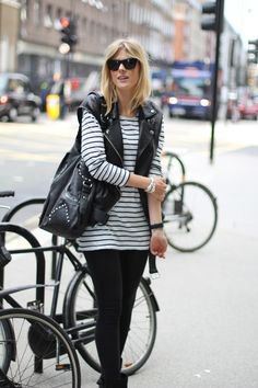 black and white striped long sleeve tunic with biker vest
