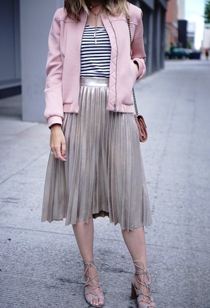 light gray pleated midi skirt and matching bomber jacket