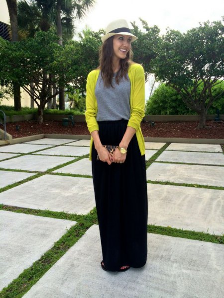 lemon yellow cardigan with black casual fit maxi travel skirt
