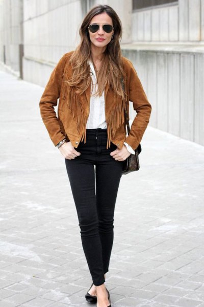 brown french suede blazer with black high skinny jeans