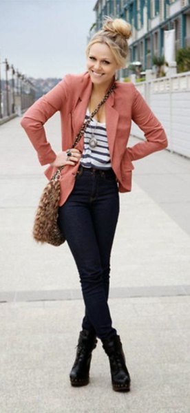 white and black striped bucket neck top with black jeans