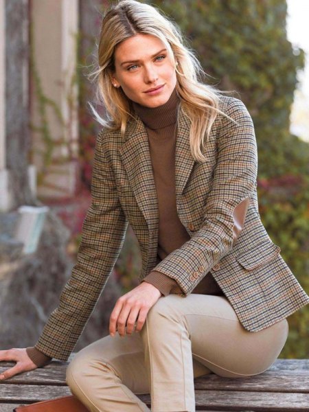 brown plaid tweed blazer with sweater in sweater