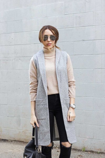 pink pink sweater neck sweater with gray long-line vest
