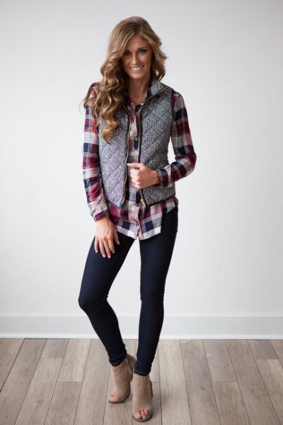 gray quilted vest with black and gray checkered boyfriend shirt