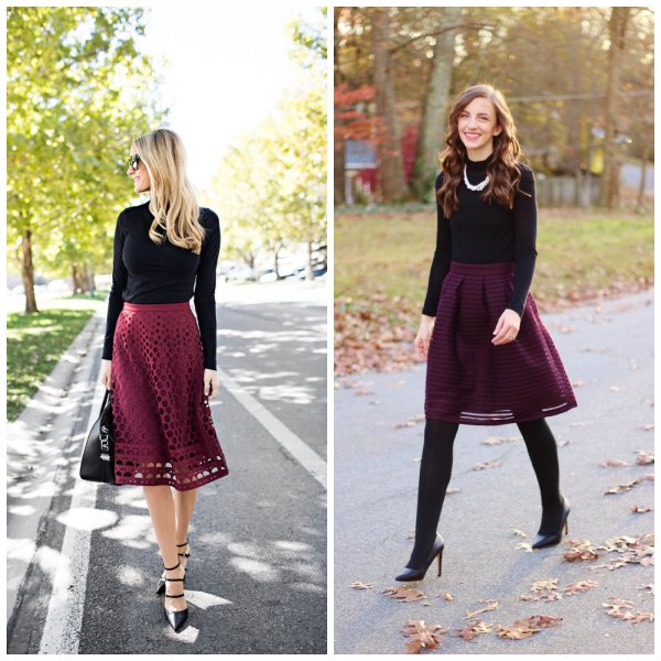 black long-sleeved fitted tee with burgundy half-cut midi skirt