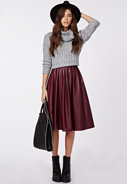 gray cabbage cropped sweater with midi silk extended skirt