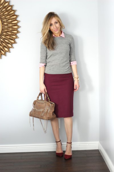 gray halter sweater with white button shirt and burgundy pencil skirt