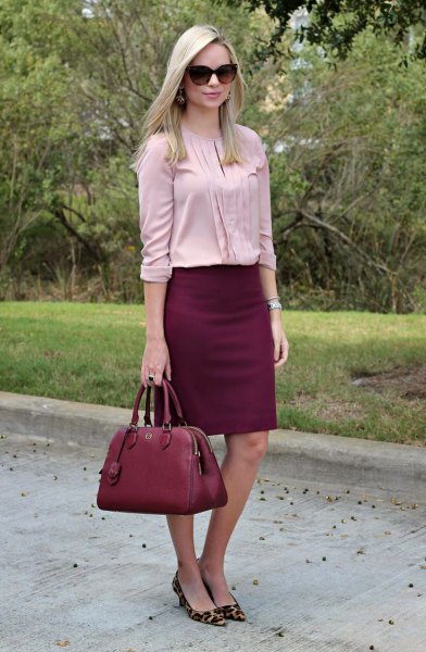light pink pleated blouse with burgundy skirt and leopard print heels