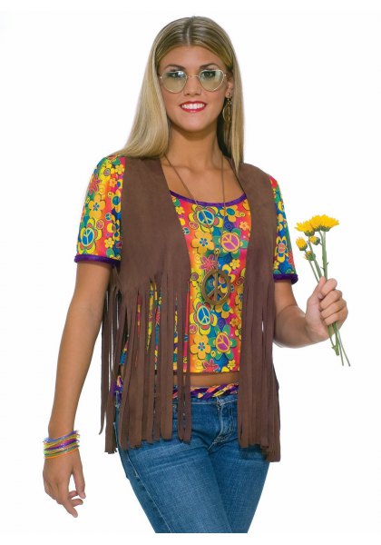 camel hippie french vest with yellow printed cropped tee